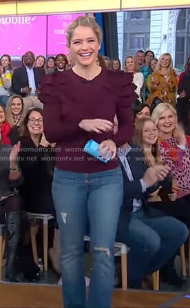Sara’s purple ruffled sweater and jeans on GMA Day