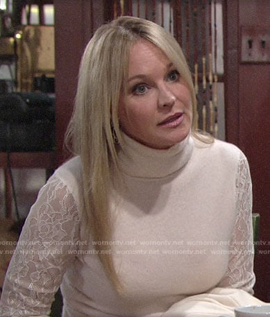 Sharon's lace sleeve sweater and wrap skirt on The Young and the Restless