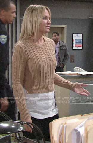 Sharon’s tan layered sweater on The Young and the Restless