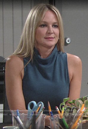 Sharon's teal draped neck dress on The Young and the Restless