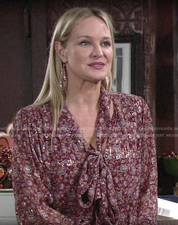 Sharon’s metallic floral Thanksgiving blouse on The Young and the Restless