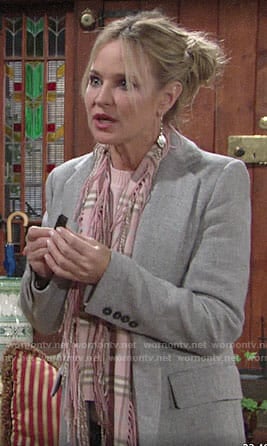 Sharon’s grey coat and pink plaid scarf on The Young and the Restless