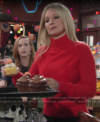 Sharon’s red sweater with pink trim on The Young and the Restless