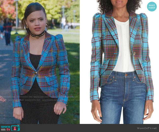 Smythe Pouf Sleeve Tartan Blazer worn by Maggie Vera (Sarah Jeffery) on Charmed