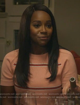 Michaela's pink striped short sleeve sweater on How to Get Away with Murder