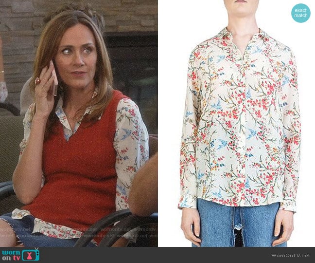 Bird Avian & Floral-Print Silk Shirt by The Kooples worn by Maya (Diane Farr) on Splitting Up Together