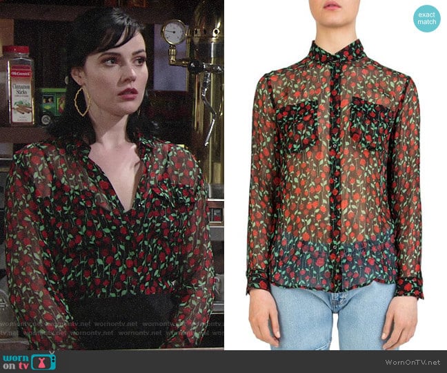 The Kooples Rosa Rosa Sheer Button-Down Shirt worn by Tessa Porter (Cait Fairbanks) on The Young and the Restless