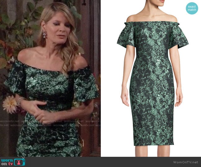 Theia Off-the-Shoulder Metallic Tissue Cloque Dress worn by Nina Reeves (Michelle Stafford) on General Hospital