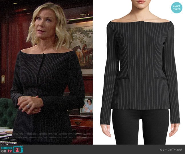 Theory Off-the-Shoulder Pinstripe Jacket worn by Brooke Logan (Katherine Kelly Lang) on The Bold and the Beautiful