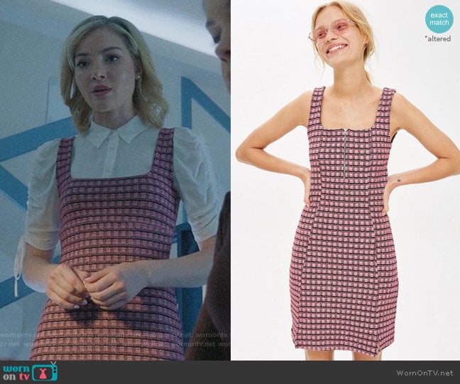 Check Mini Pinafore Dress by Topshop worn by The Frost Sisters (Skyler Samuels) on The Gifted