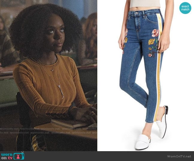 Topshop Stripe Floral Denim Pants worn by Josie McCoy (Ashleigh Murray) on Riverdale