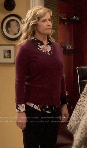 Vanessa's black floral shirt and burgundy sweater on Last Man Standing