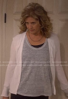 Vanessa’s grey striped top and white cardigan on Last Man Standing