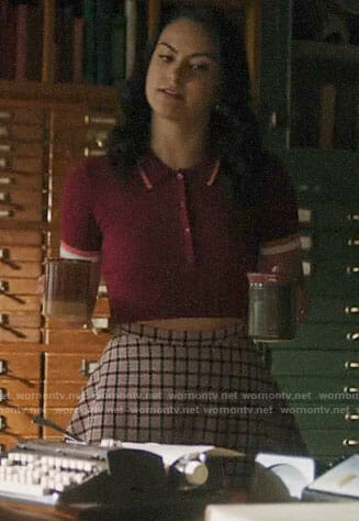 Veronica’s cropped burgundy polo top on Riverdale
