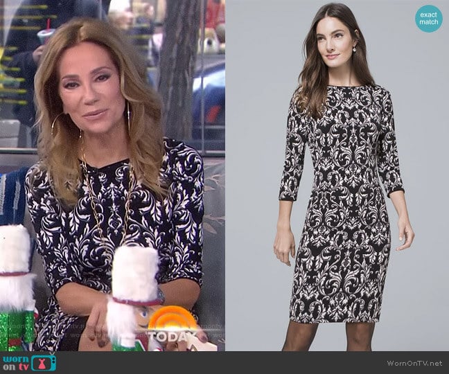 Reversible Filigree Print Knit Sheath Dress by White House Black Market worn by Kathie Lee Gifford on Today