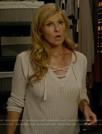 Debra's white lace-up knit sweater on Dirty John