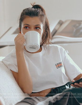 Kourtney's white Living Cool print tee on Keeping Up with the Kardashians