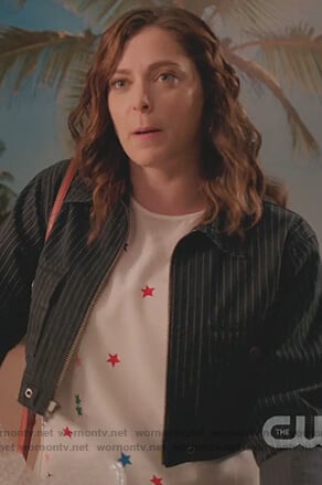 Rebecca's white star print top and pinstripe jacket on Crazy Ex Girlfriend