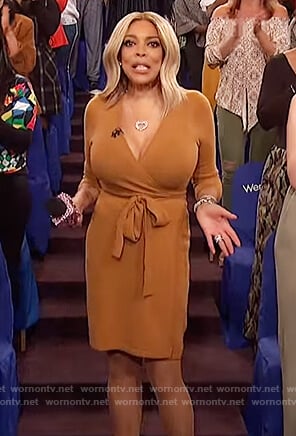 Wendy’s mustard wrap dress on The Wendy Williams Show