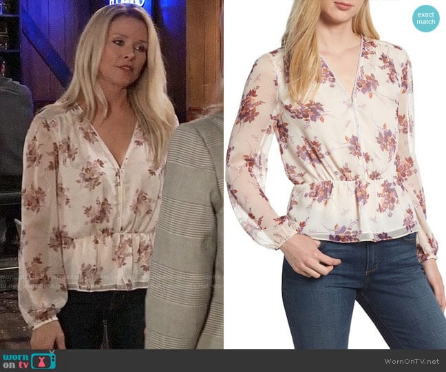 1.State Wildflower V-Neck Peplum Blouse worn by Felicia Scorpio (Kristina Wagner) on General Hospital