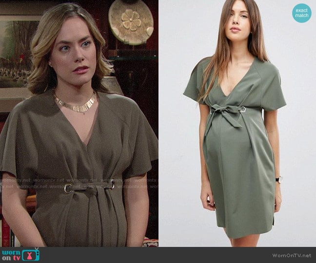 ASOS Maternity V Neck Column Mini Dress with Eyelet and Tie worn by Hope Logan (Annika Noelle) on The Bold and the Beautiful