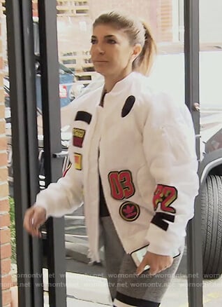 Teresa’s white patch jacket and striped leggings on The Real Housewives of New Jersey
