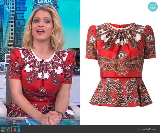 Short-Sleeve Paisley-Print Silk Peplum Top by Alexander McQueen worn by Sara Haines on Good Morning America