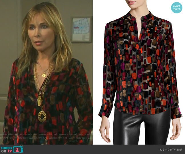 Long-Sleeve Velvet-Tile Blouse by Alice + Olivia worn by Kate Roberts (Lauren Koslow) on Days of our Lives