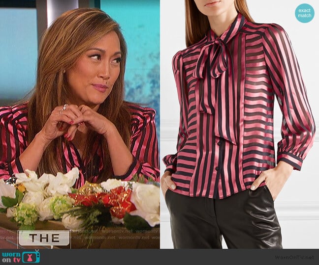 Willis pussy-bow striped satin and chiffon blouse by Alice + Olivia worn by Carrie Inaba on The Talk