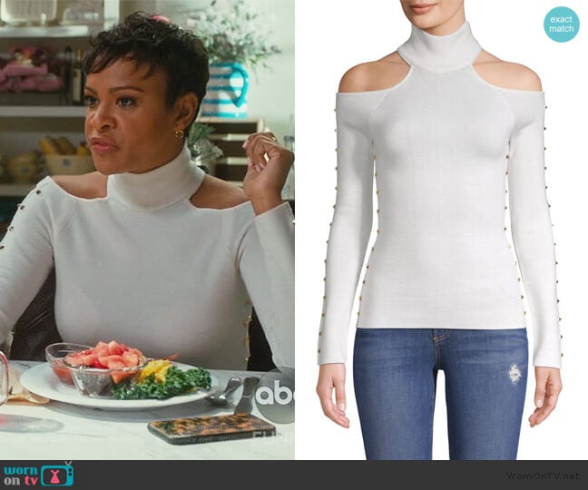 Kahlo Studded Cold-Shoulder Top by Alice + Olivia worn by Angela (Carly Hughes
) on American Housewife