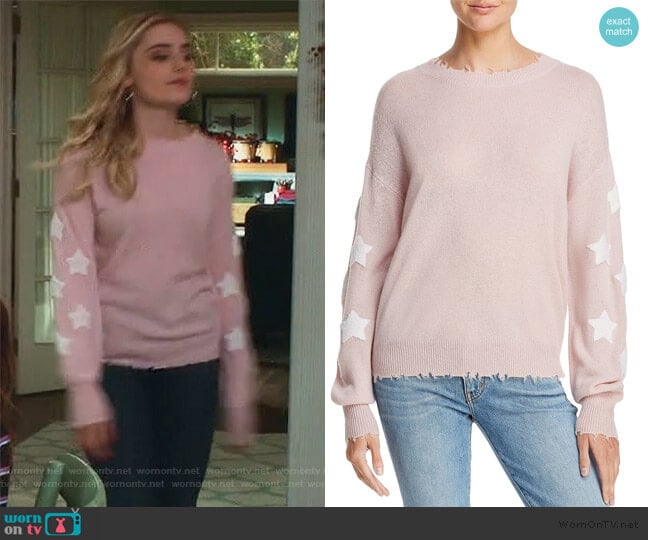 Star-Sleeve Distressed Cashmere Sweater by Aqua Cashmere worn by Taylor Otto (Meg Donnelly) on American Housewife