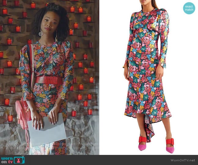 Floral-Print Silk-Satin Midi Dress by Attico worn by Monica Colby (Wakeema Hollis) on Dynasty