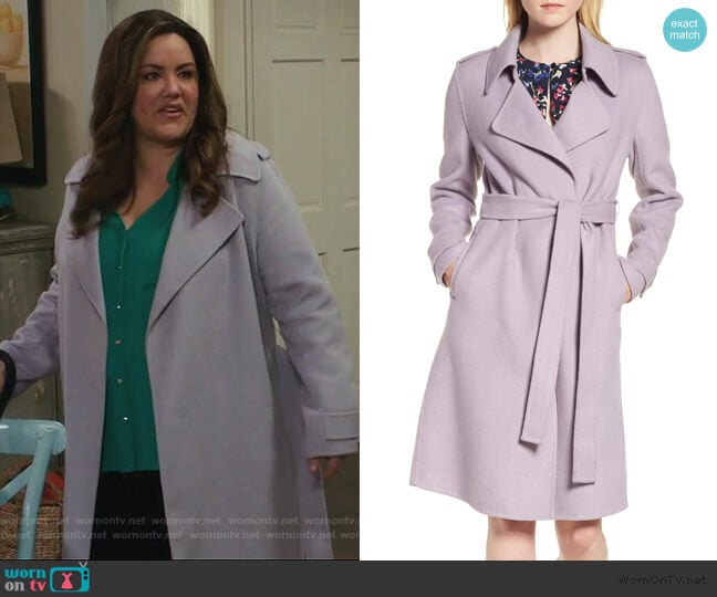 Double Face Wool Blend Wrap Front Coat by Badgley Mischka worn by Katie Otto (Katy Mixon) on American Housewife