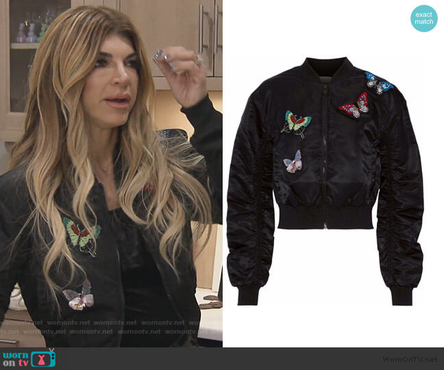 Ruched embellished shell bomber jacket by Cinq a Sept worn by Teresa Giudice on The Real Housewives of New Jersey