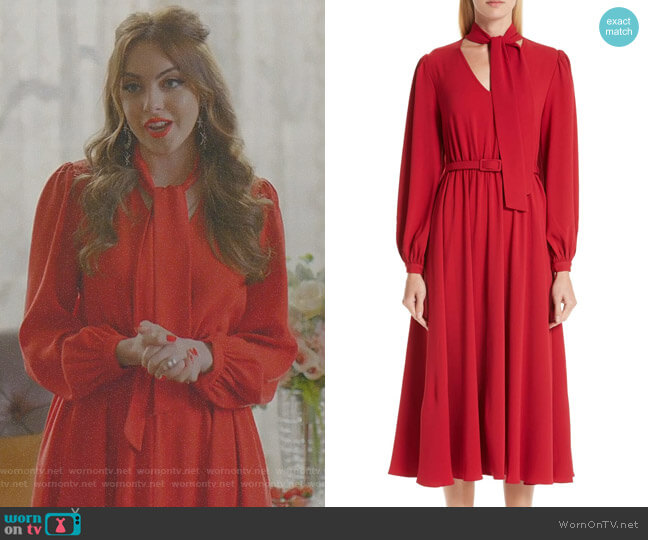 Tie Neck Crepe Dress by Co worn by Fallon Carrington (Elizabeth Gillies) on Dynasty