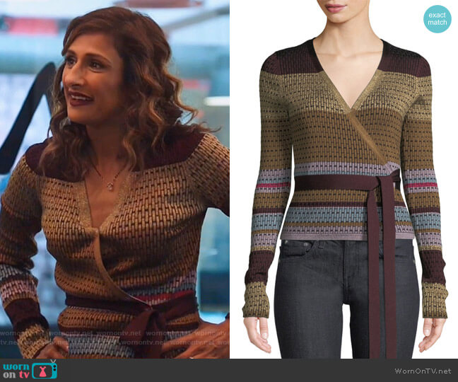 Metallic Striped Wrap Sweater by Diane von Furstenberg worn by Emet Kamala-Sweetzer (Sarayu Blue) on I Feel Bad