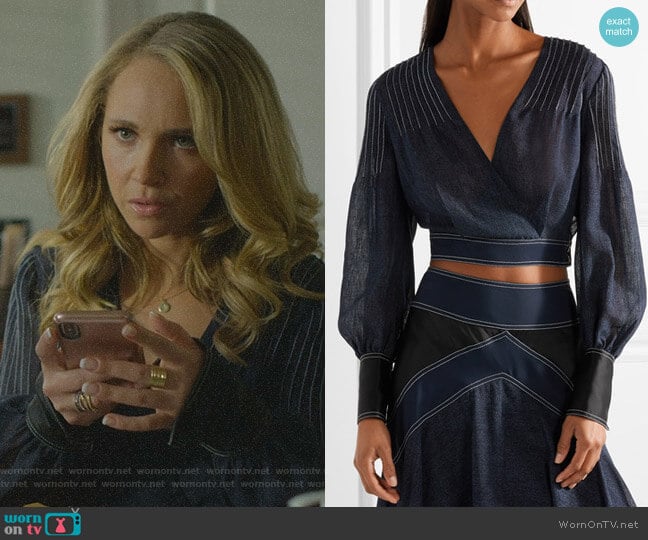 Wrap-effect Crepe and Satin-Trimmed Voile Blouse by Diane von Furstenberg worn by Veronica Newell (Juno Temple) on Dirty John