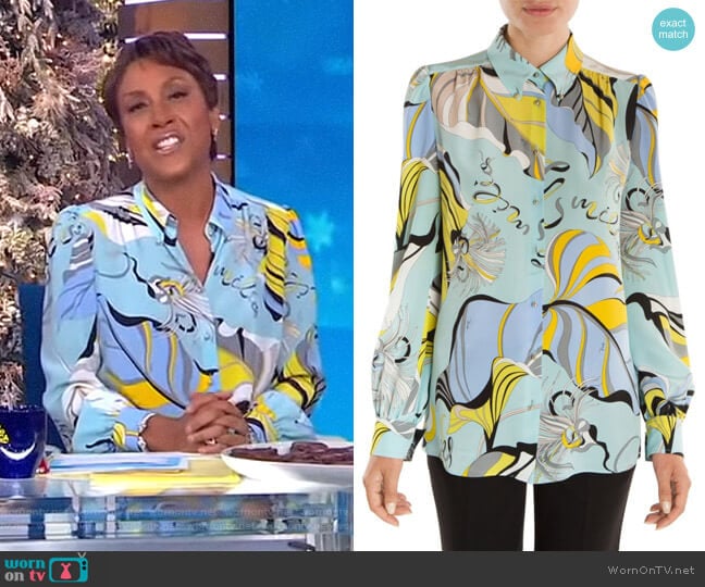 Silk Crepe Graphic Print Blouse by Emilio Pucci worn by Robin Roberts on Good Morning America