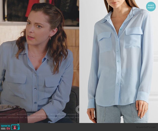 Slim Signature washed-silk shirt by Equipment worn by Rebecca Bunch (Rachel Bloom) on Crazy Ex-Girlfriend