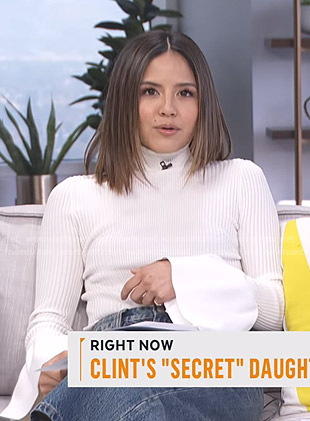 Erin’s white ribbed bell sleeve sweater and cropped jeans on Live from E!