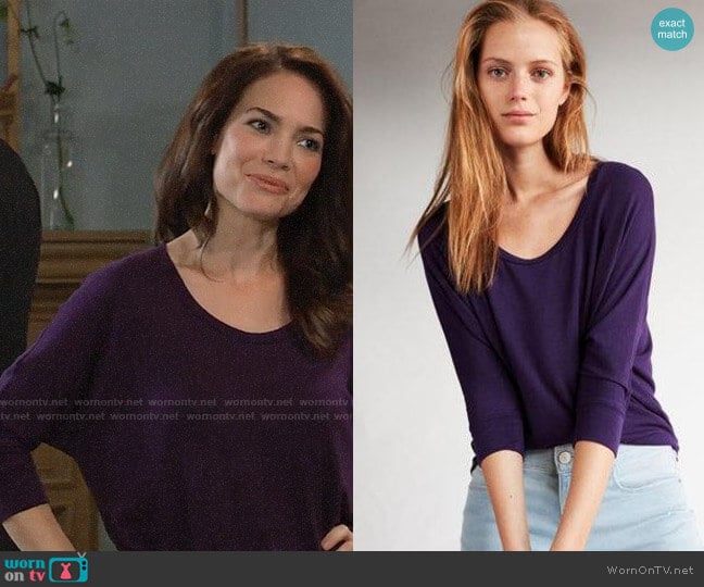 Express One Eleven Scoop Neck Slouchy Dolman Tee worn by Elizabeth Webber (Rebecca Herbst) on General Hospital