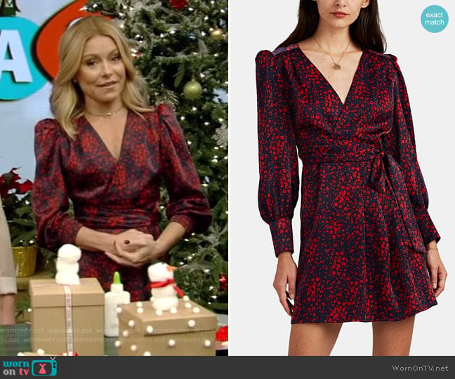 Floral Satin Wrap Dress by FiveSeventyFive worn by Kelly Ripa on Live with Kelly and Mark