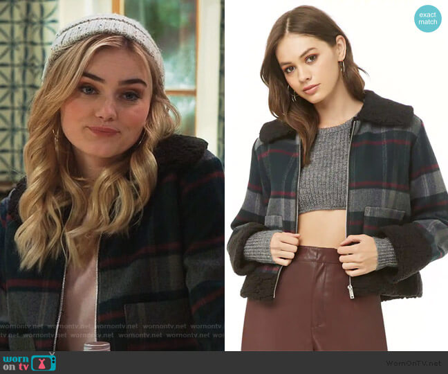 Faux Shearling-Trim Plaid Jacket by Forever 21 worn by Taylor Otto (Meg Donnelly) on American Housewife