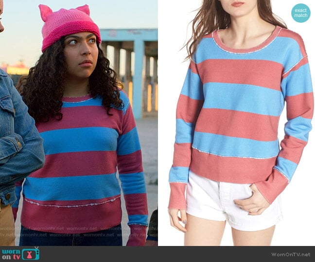 Stripe Crewneck Sweatshirt by Frank & Eileen Tee Lab worn by Molly Hernandez (Allegra Acosta) on Marvels Runaways