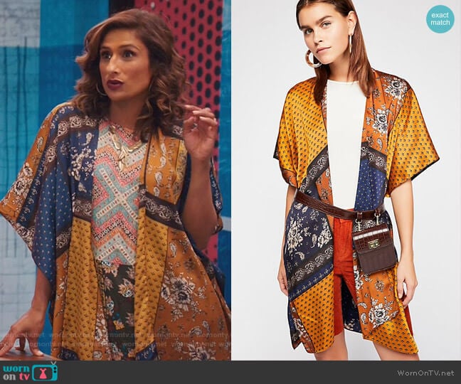 Mon Cheri Silky Patchwork Kimono by Free People worn by Emet Kamala-Sweetzer (Sarayu Blue) on I Feel Bad