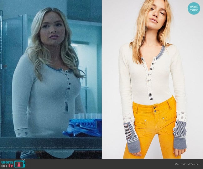 Lauren’s white patchwork sleeve top on The Gifted
