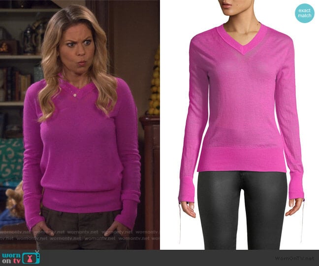 Tie-Cuff Sheer Cashmere V-Neck Sweater by Helmut Lang worn by DJ Tanner-Fuller (Candace Cameron Bure) on Fuller House