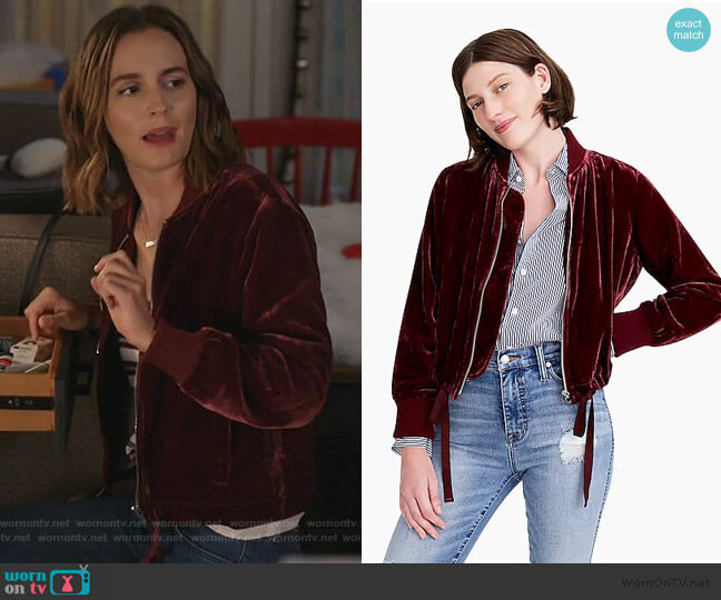 Velvet bomber jacket with waist ties by J. Crew worn by Angie (Leighton Meester) on Single Parents