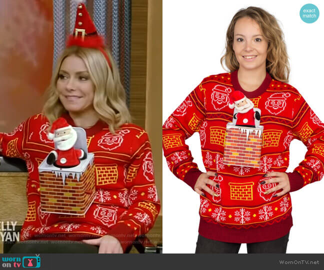 Jack in The Box Santa Claus Adult 3D Ugly Christmas Sweater by Ugly Christmas Sweater worn by Kelly Ripa on Live with Kelly and Mark