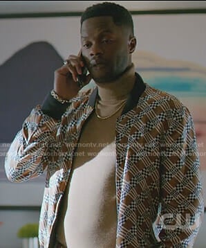Jeff’s brown printed bomber jacket on Dynasty